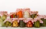Variety Of Jars With Organic Vegetable Pickles Stock Photo