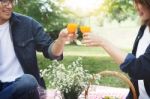 Happy Couple Toasting Wineglasses While Sitting On Picnic Blanke Stock Photo