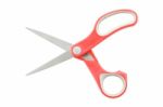 Red Plastic Handle Opened Scissors On White Background Stock Photo