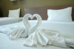 Swan  Towel On  Bed Stock Photo