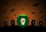 Halloween Witch Cauldron Skull Coffin  Stock Photo