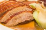 Roast Duck With Sauces Stock Photo