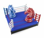 Red And Blue Chess Knight Confronting In Boxing Ring Stock Photo