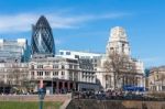 View Of The Gherkin And Cenotaph Buildings In London Stock Photo