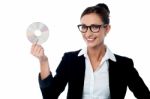 Bespectacled Business Woman Holding Cd Stock Photo