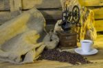 Cup Of Coffee, Coffee-beans, Coffee Grinder, Coffee Sack	 Stock Photo