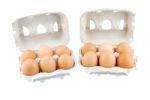 Twelve Brown Eggs Packed In Carton Boxs Stock Photo