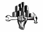 Hand Holding Hammer And Wrench Symbol With Abstract Building On Stock Photo