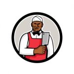 African American Butcher Circle Mascot Stock Photo