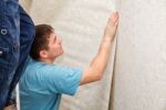 Young Worker Smoothing Wallpaper Stock Photo