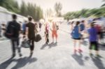 Blurred Crowd Of Athlete For Marathon Under Sunlight Stock Photo