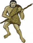 Neanderthal Man Holding Spear Etching Stock Photo