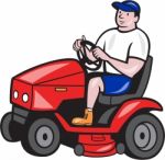 Gardener Mowing Rideon Lawn Mower Cartoon Stock Photo