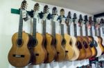Guitars On Display In A Music Shop Stock Photo