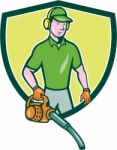 Gardener Landscaper Leaf Blower Crest Cartoon Stock Photo