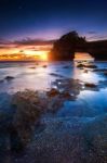 Tanah Lot Temple At Sunset In Bali, Indonesia Stock Photo
