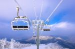 Ski Chair Lift Is Covered By Snow In Winter,deogyusan Mountains In South Korea Stock Photo
