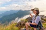 Girl Tourist On Mountains In Thailand Stock Photo