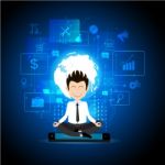 Young Man In Suit And Tie Standing With His Face To Camera Meditating. On Smartphone    Concept Of Business Planning Stock Photo