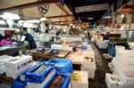 Tokyo - Nov 26: Seafood Vendors At The Tsukiji Wholesale Seafood Stock Photo