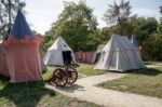 Old Cannon And Tents Reconstruction At Wilanow Palace In Warsaw Stock Photo