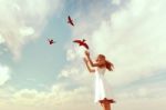 Live Your Freedom,girl Releasing Birds On To The Sky,3d Illustration Stock Photo