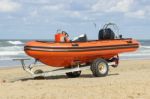 Boat For Emergency Services On Trailer  At Beach Stock Photo