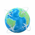 3d Planes Flying Around The Globe Stock Photo