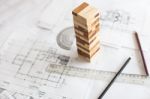 Blueprint Wooden Block  Tower, Planning, Risk And Strategy In Bu Stock Photo