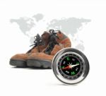 Compass And Hiking Shoes Stock Photo