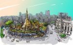 Sketch Cityscape Of Yangon, Myanmar On Topview Shwedagon Pagoda, Free Hand Draw Illustration Stock Photo