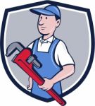 Handyman Pipe Wrench Crest Cartoon Stock Photo