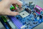 Close Up Old Cpu Processor Socket With Mainboard Background Stock Photo