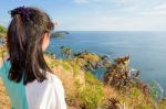 Woman Looking Island And Sea View Stock Photo
