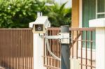 Cctv Camera In Front Of The Village, Residence Stock Photo