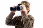 Teenage Boy Holding Binoculars Stock Photo