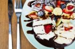 Ice Cream, Banana, Strawberry, Raspberry, Chocolate Waffles With Stock Photo