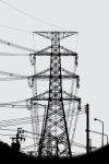 Silhouette Of High Voltage Power Lines Stock Photo