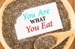 You Are What You Eat Quote On Chia Seeds And Business Card Stock Photo