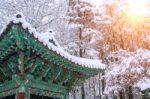 Landscape In Winter With Roof Of Gyeongbokgung And Falling Snow Stock Photo