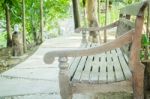 Wooden Benches In A Pedestrian Rest Area Stock Photo