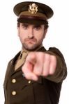 Young Soldier Pointing Towards Camera Stock Photo