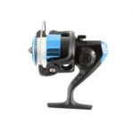 Side Of Blue Fishing Reel With Line On White Background Stock Photo