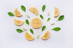 Lemon, Leaves And Vitamin C. On White Stock Photo