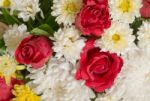 Bunch Of Vivid Flowers, Selective Focus Red Roses.  Stock Photo