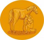 Farrier Placing Shoe On Horse Hoof Circle Drawing Stock Photo