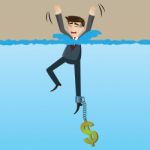 Cartoon Drowning Businessman With Money Chain On His Leg Stock Photo