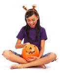 Halloween Girl Getting Treat Stock Photo