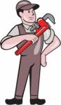 Plumber Pointing Monkey Wrench Standing Cartoon Stock Photo