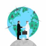Arab Businessman People Handshake Meeting,on World Background Flat Design.concept Stock Photo